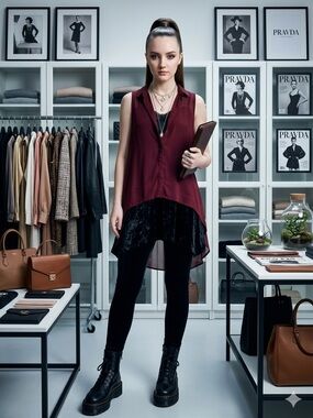 H&M EDITORIAL CHIC | SHEER BURGUNDY HIGH-LOW BLOUSE